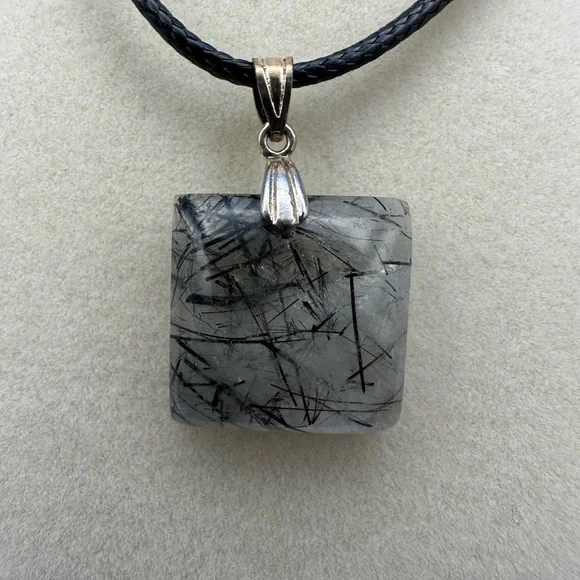 Black rutile square pendant on 16” black rope with extender - Picture 2 of 6
